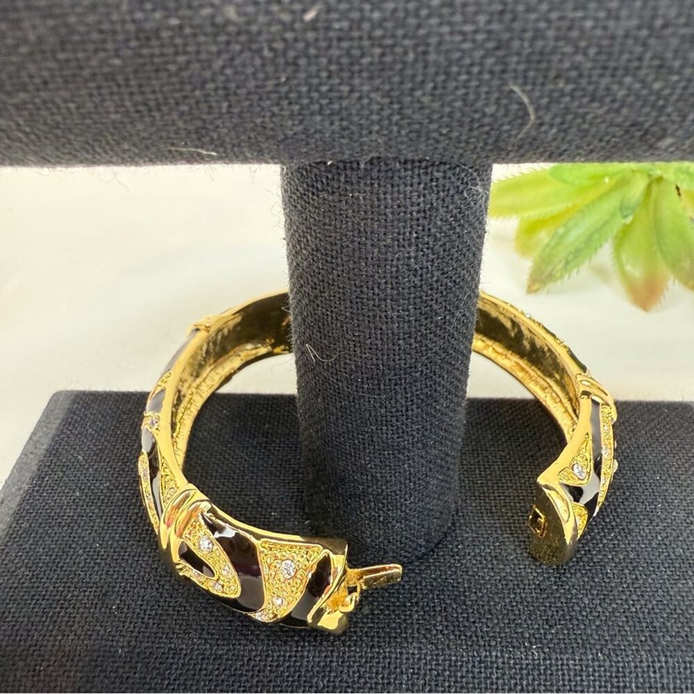 Y2k Rhinestone Gold Black Enamel Bracelet Vintage Hinged Clasp - Picture 15 of 16